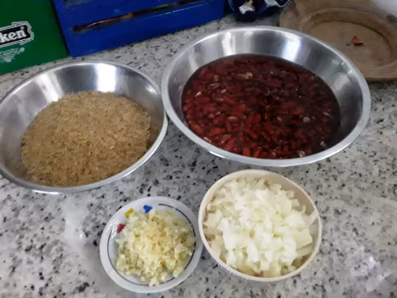 Ingredients to make brown rice and red beans